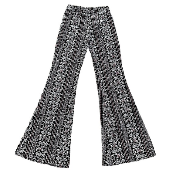 Women Boho Print High Waist Wide Leg Palazzo Bell Bottom Pant Black White Flared - Picture 1 of 6